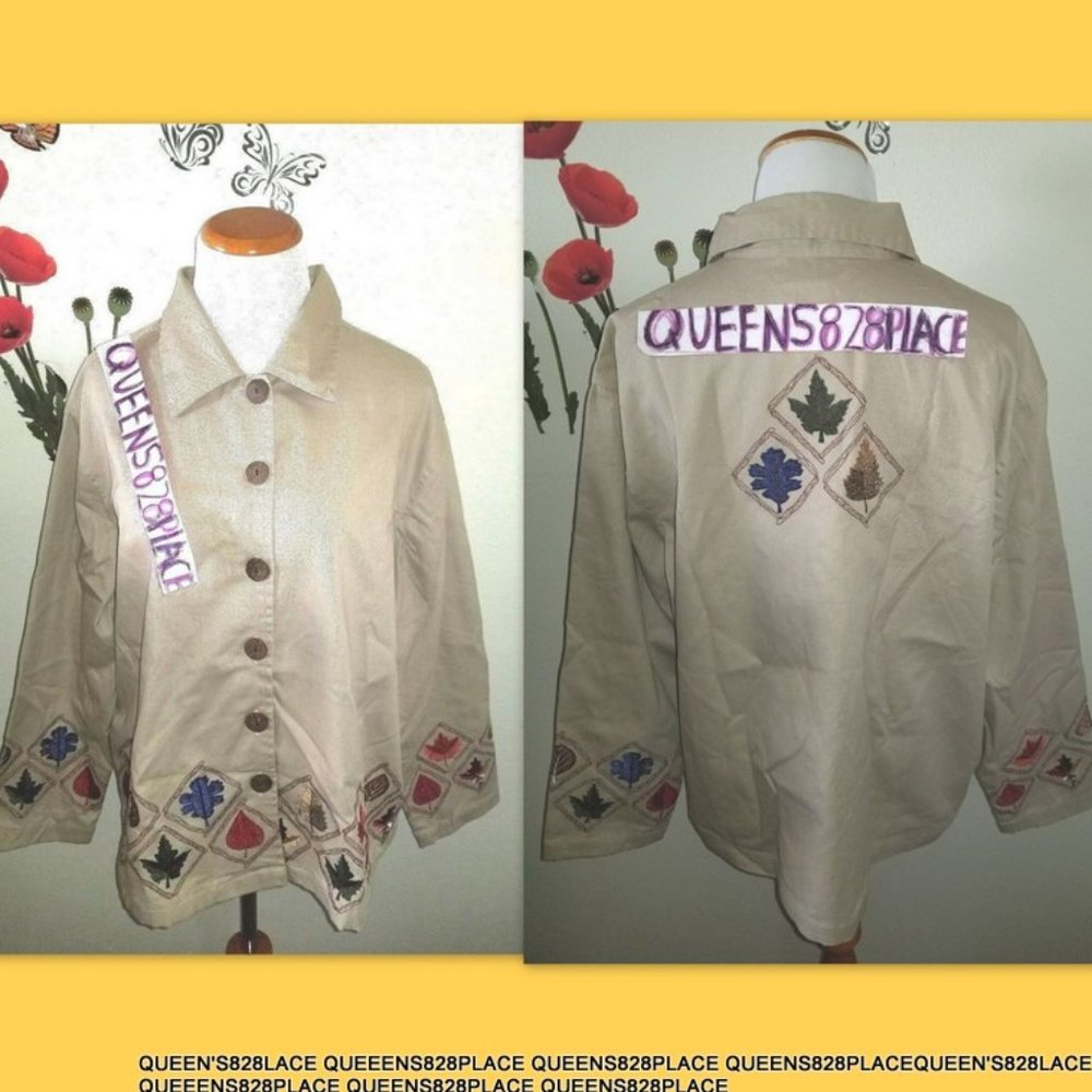 Passports Women's Size XL Tan Leaf Embroidered Jacket Long Sleeve Lined New